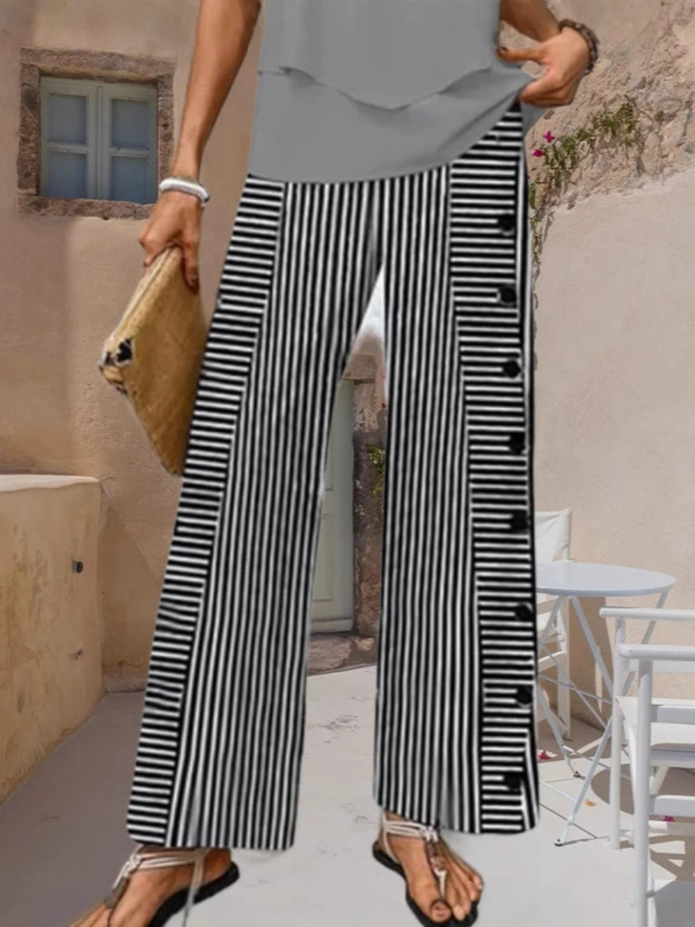 ZARA Women Fashion Office Casual Loose Striped Button Wide Straight Leg Pants